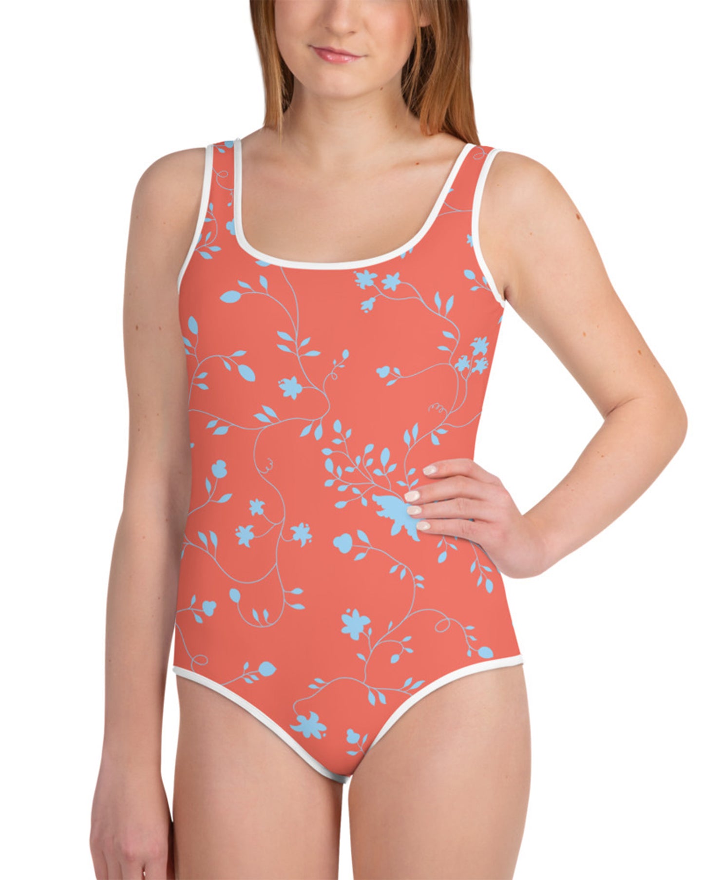 wild clematis one-piece girls swimsuit in poppy