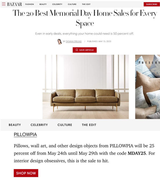 20 Best Memorial Day Home Sales for Every Space from Harper's Bazaar includes PILLOWPIA!