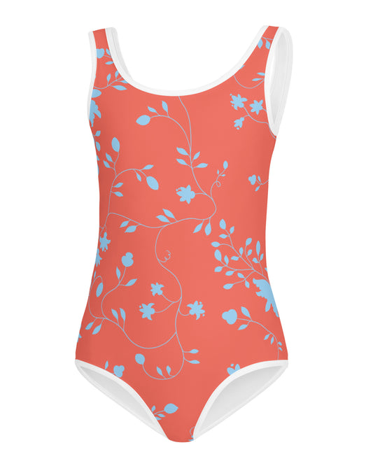 wild clematis one-piece little girls swimsuit in poppy